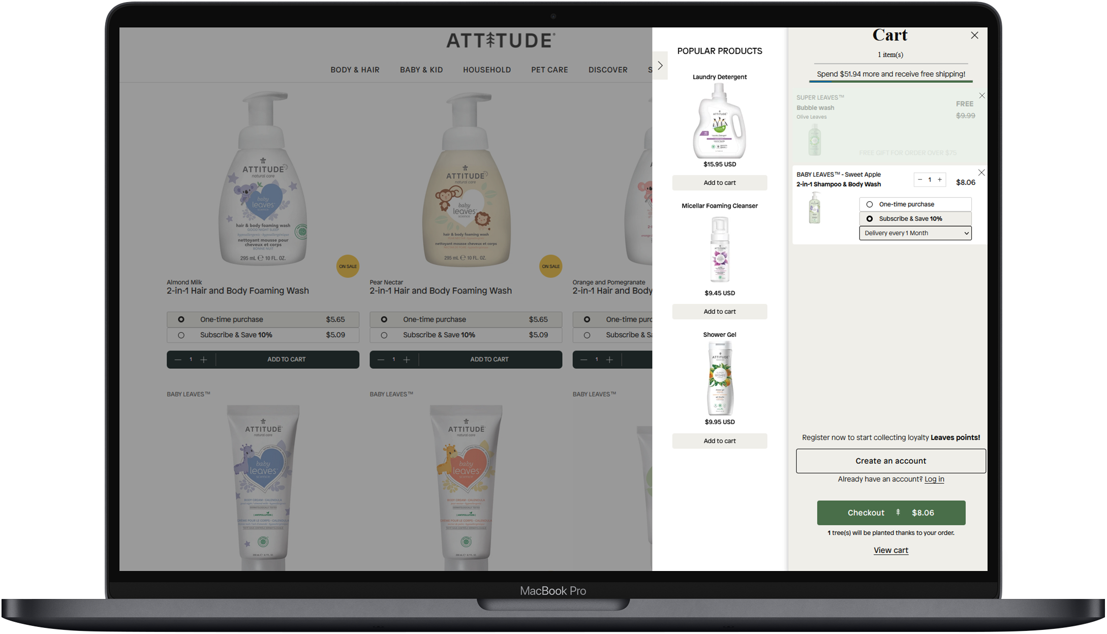 Custom built cart drawer for ATTITUDE Living with one-click cross-sells, free gifts, and AOV increasing progress bar.