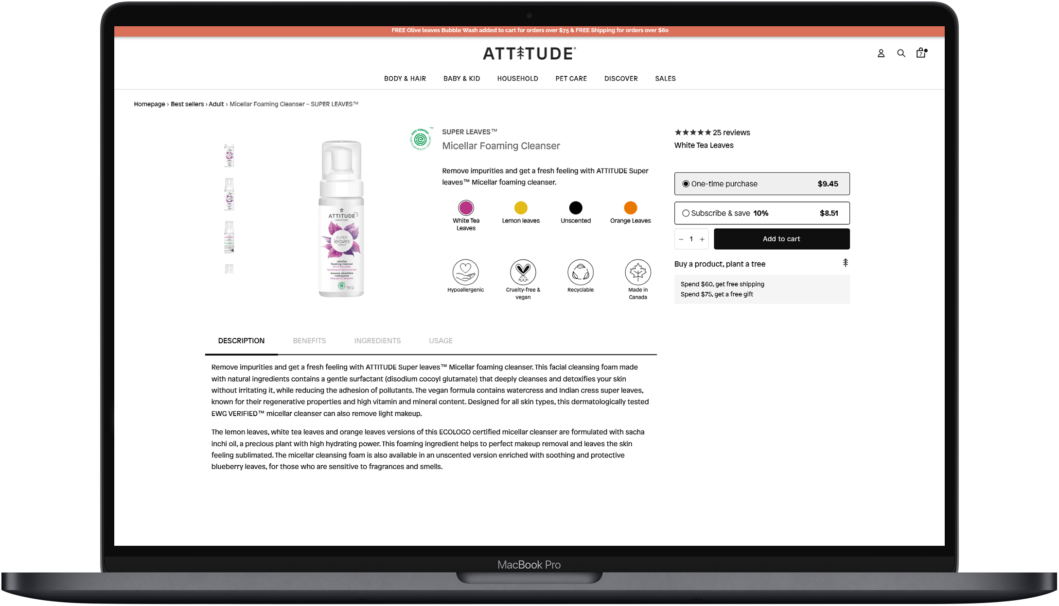 Subscription widget for ATTITUDE Living that allows customers to choose between one-time and subscription products.